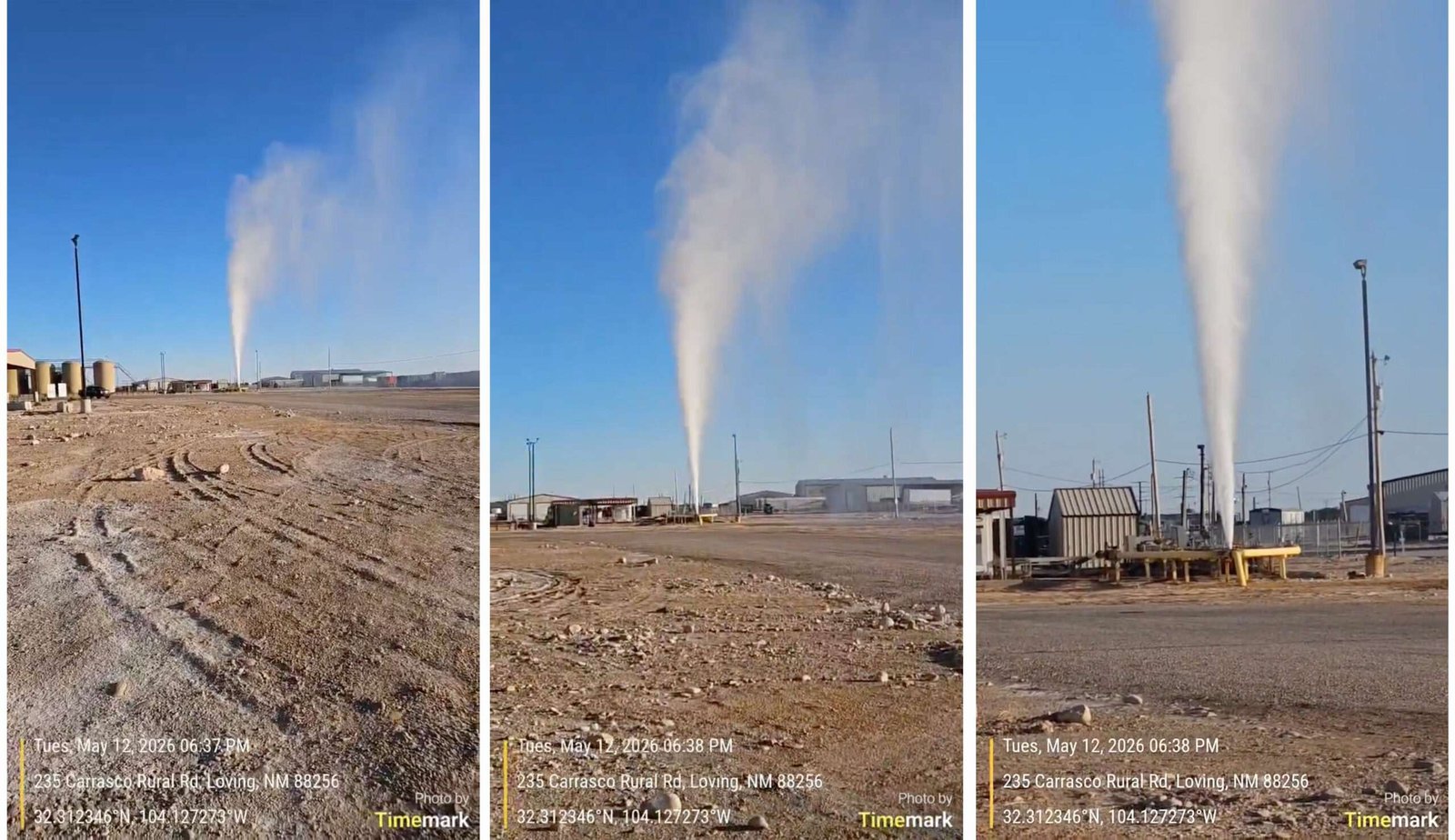 Three photos of a geyser spewing