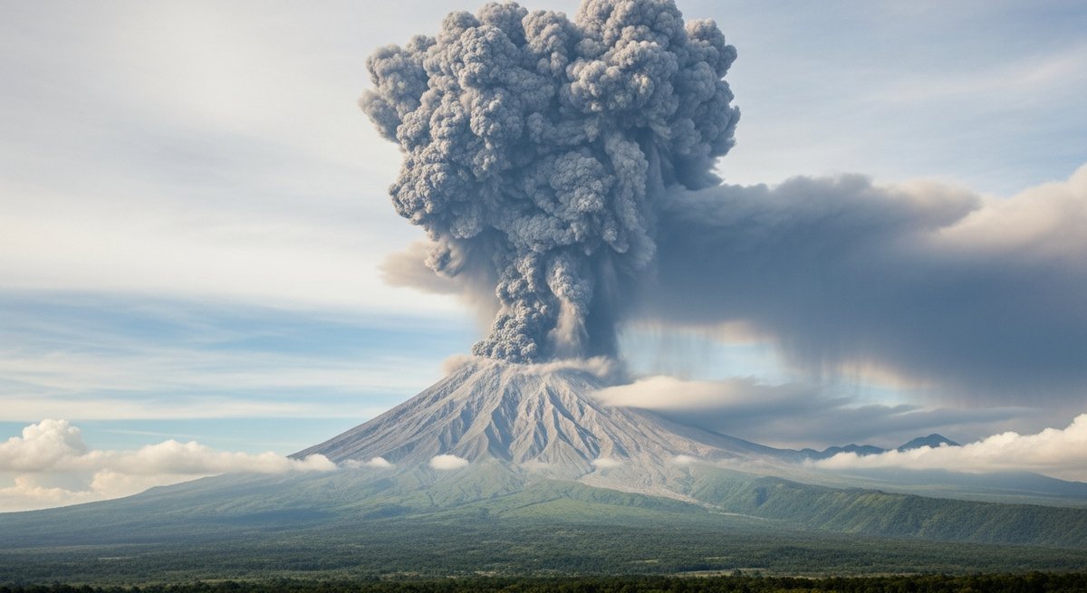 Mount Pinatubo eruption sending a massive sulfur dioxide plume into the stratosphere, illustrating natural solar radiation ma