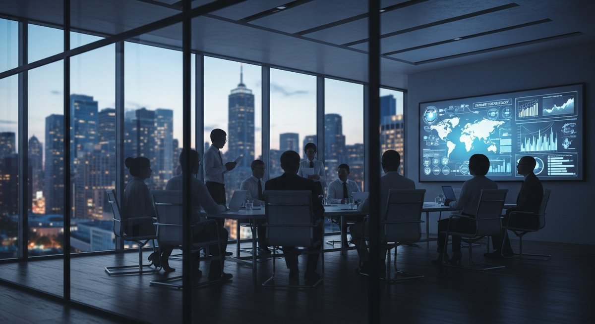 Silhouetted figures in a private glass-walled boardroom reviewing climate technology projections against a dusk city skyline
