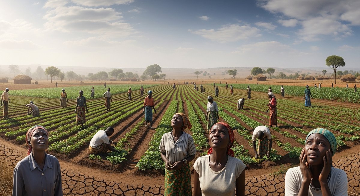 Smallholder farmers in sub-Saharan Africa tending crops under a hazy diffused sky, symbolizing geoengineering ethics and cons