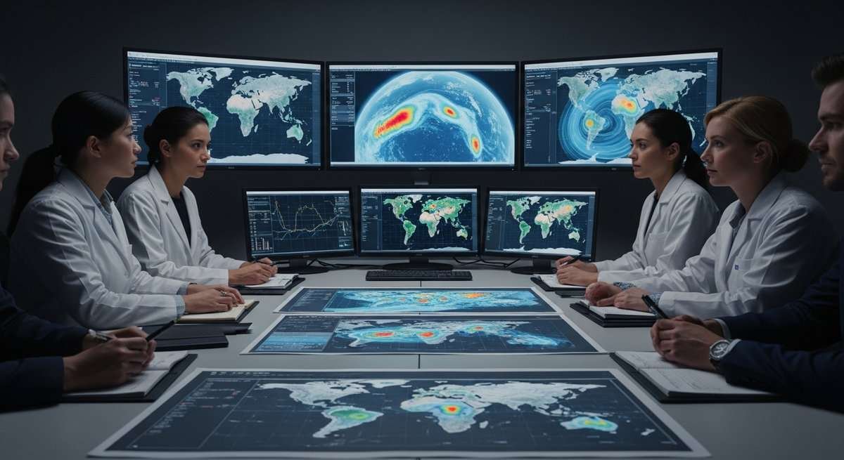 Researchers reviewing atmospheric modeling charts and global aerosol dispersal maps in a dimly lit high-security conference r