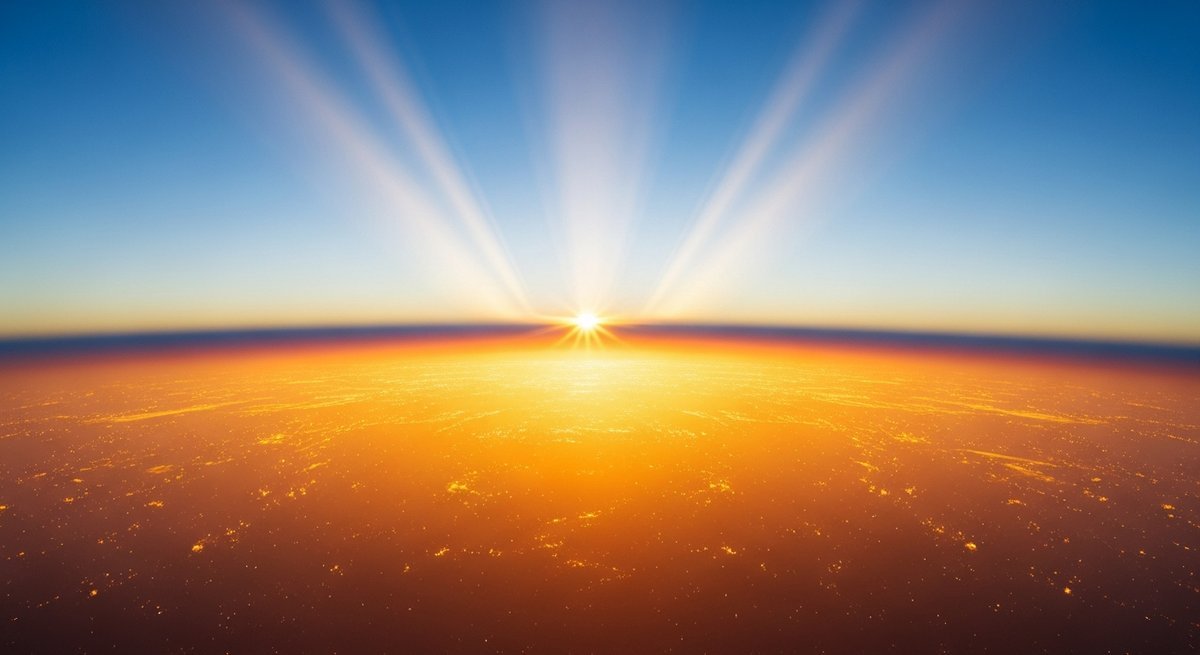 Sunlight rays interacting with a haze of microplastic particles in the atmosphere, warm glow suggesting trapped heat energy