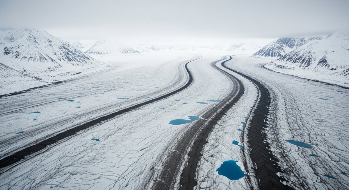 Aerial view of a glacier with dark particulate deposits on ice surface causing discoloration and accelerated melting