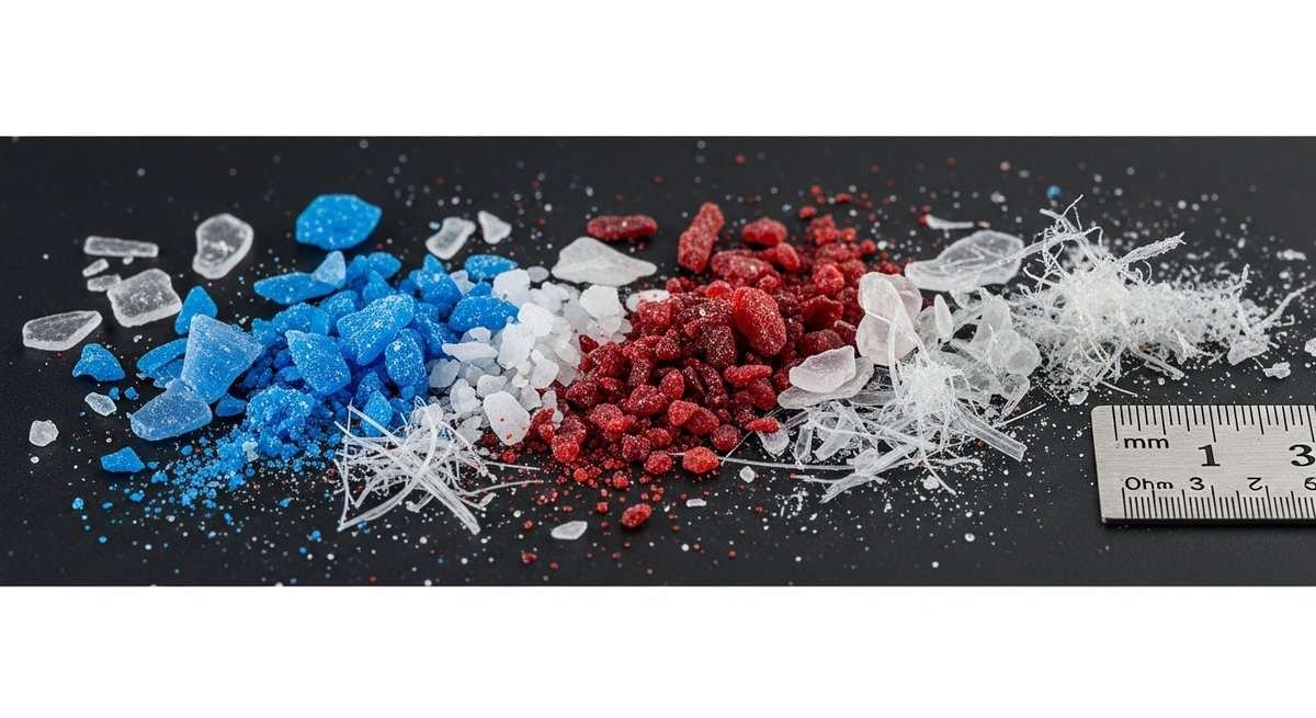 Macro shot of colorful microplastic fragments and fibers of varying sizes arranged on a dark surface with millimeter scale