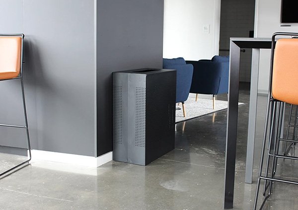 a black trash bin