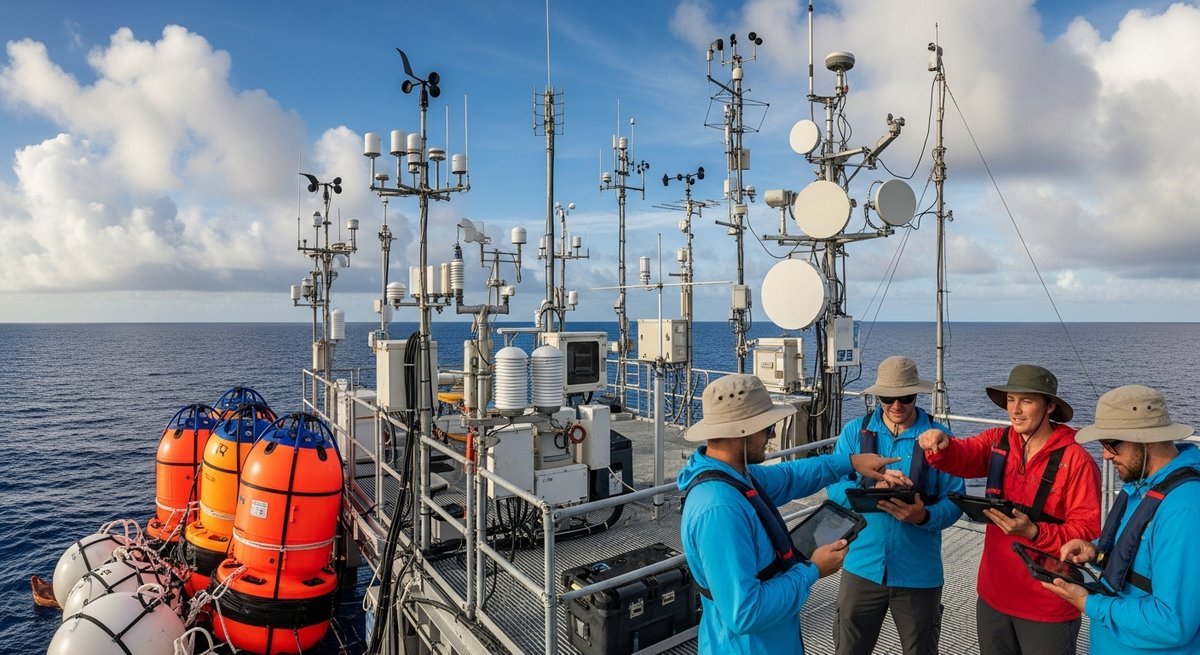 Scientists monitoring El Niño development at a Pacific Ocean weather station with buoys and instruments on tropical island