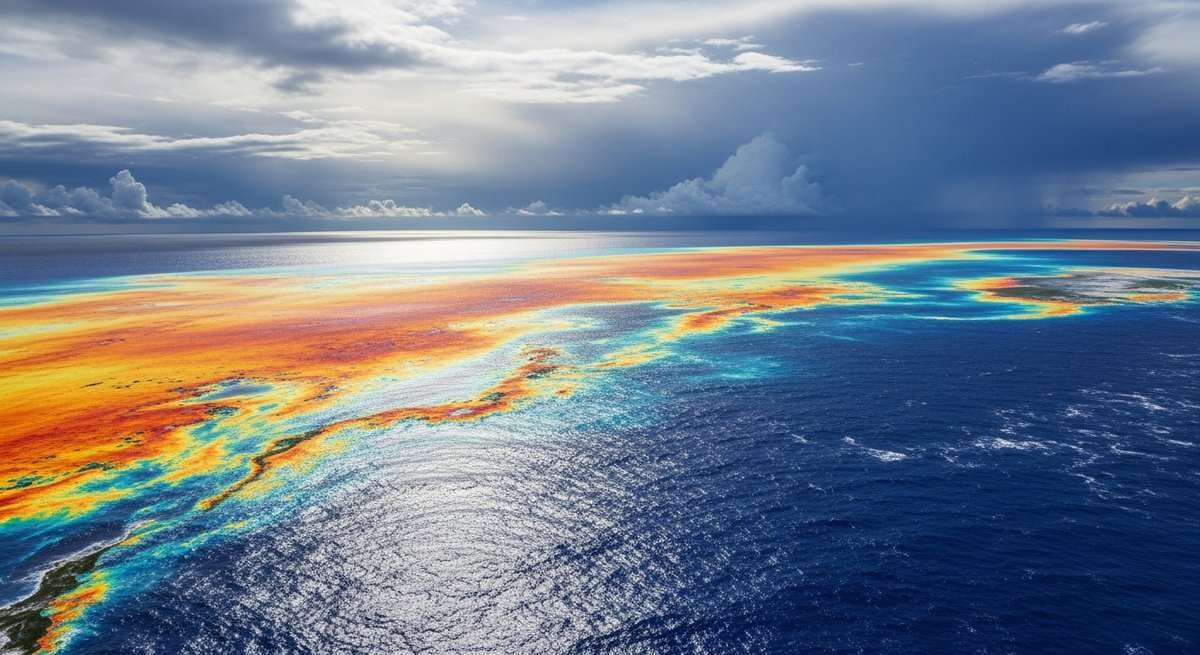 Aerial view of Pacific Ocean showing warm and cool water temperature contrasts with storm clouds forming on horizon