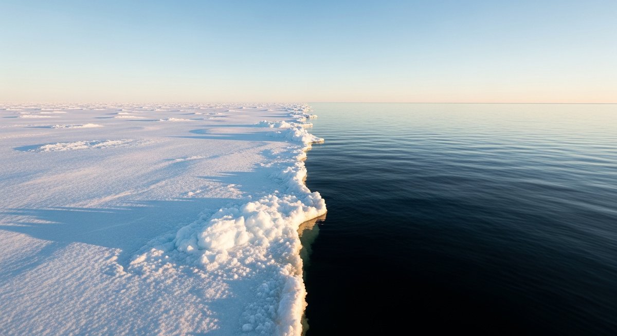 Arctic Ocean landscape showing contrast between reflective white sea ice and dark open water illustrating the albedo feedback