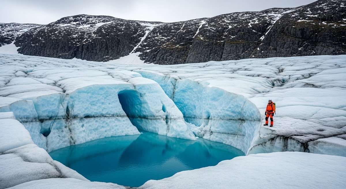Scientist standing at the edge of a meltwater pool on the Greenland ice sheet surface surrounded by cracked ancient ice