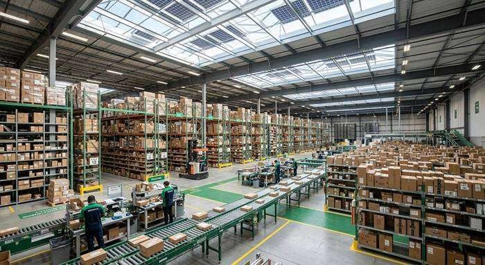 A modern fulfillment center designed with energy efficiency in mind - solar rooftops and optimized operations reduce a facility’s environmental footprint.