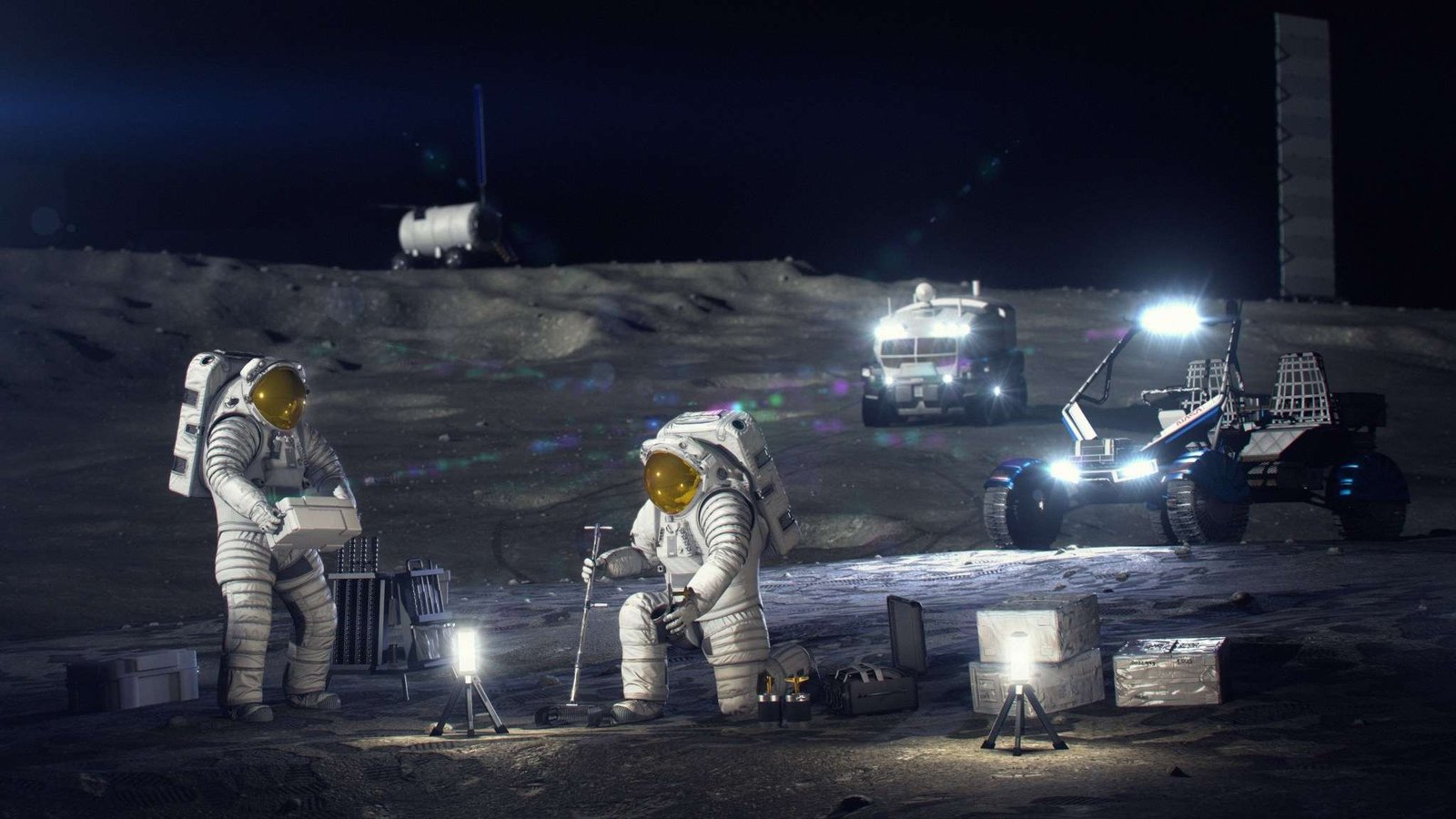 Concepto artístico de astronautas trabajando en la superficie lunar.