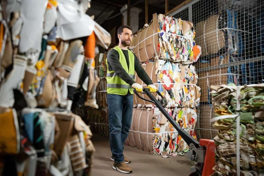 A worker sorts logistics waste.
