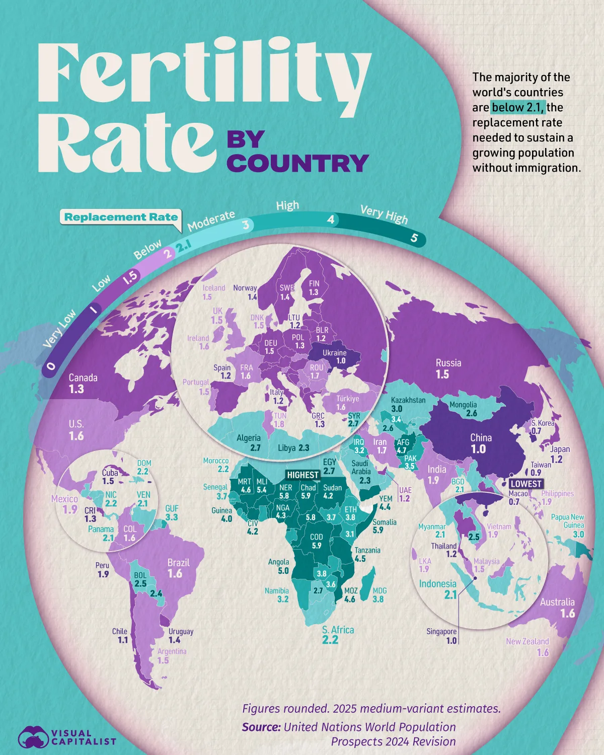This visualization maps the world’s population by fertility rate