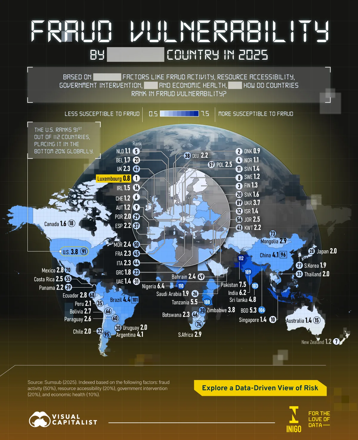 Map showing fraud vulnerability by country based on Sumsub's 2025 ranking.