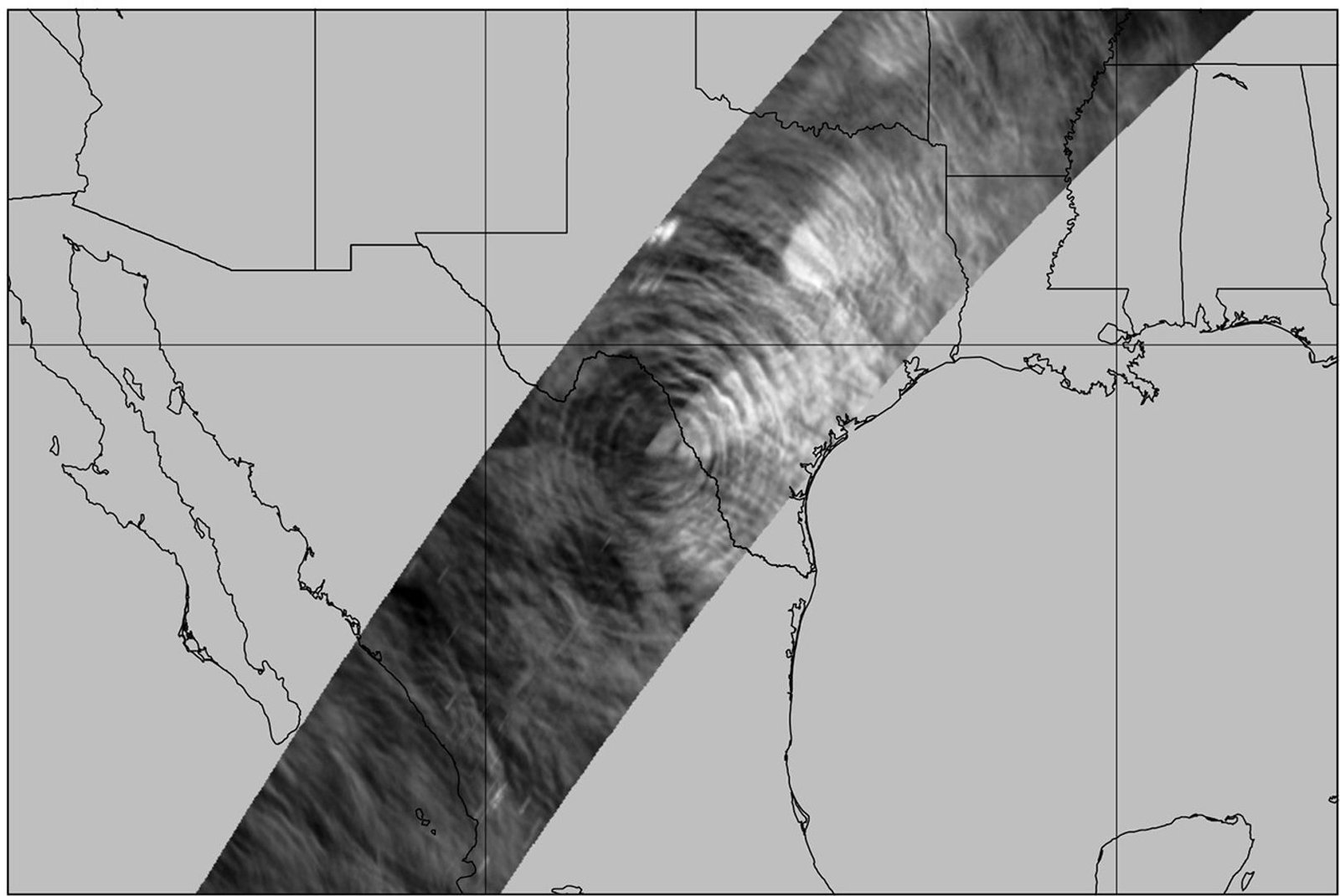 A map shows outlines of Mexico and states in the south-central U.S., with Texas at center. A long, curved strip cuts across Mexico and the U.S. from the lower left to the upper right. The strip is a long, black-and-white image showing wavelike patterns in the atmosphere, including concentric rings extending outward from the Texas-Mexico border like ripples from a stone dropped into a pond.