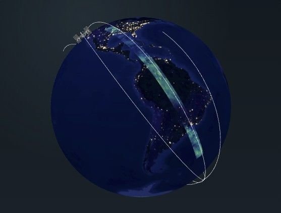 A visualization shows Earth as a globe. We see the western hemisphere, with North and South America, at night with city lights appearing as yellow dots across the dark continents. The International Space Station appears to be setting behind the top left edge of the globe, over the western part of North America. A long band of color extending over South America and North America represents observations taken by AWE as it and the space station moved over the continents.