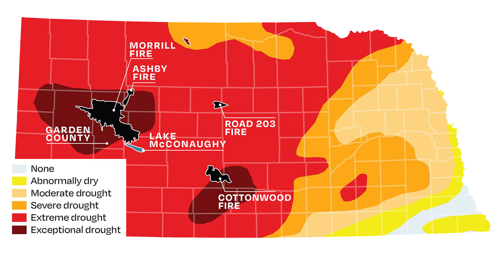 a map of Nebraska showing drought extremity levels by color alongside shapes of wildfires