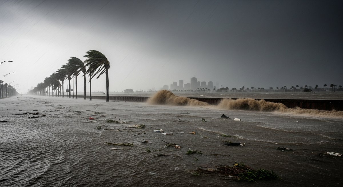 Hurricane battering New Orleans with sideways rain, flooded boulevard, and floodwater pressing against levee walls