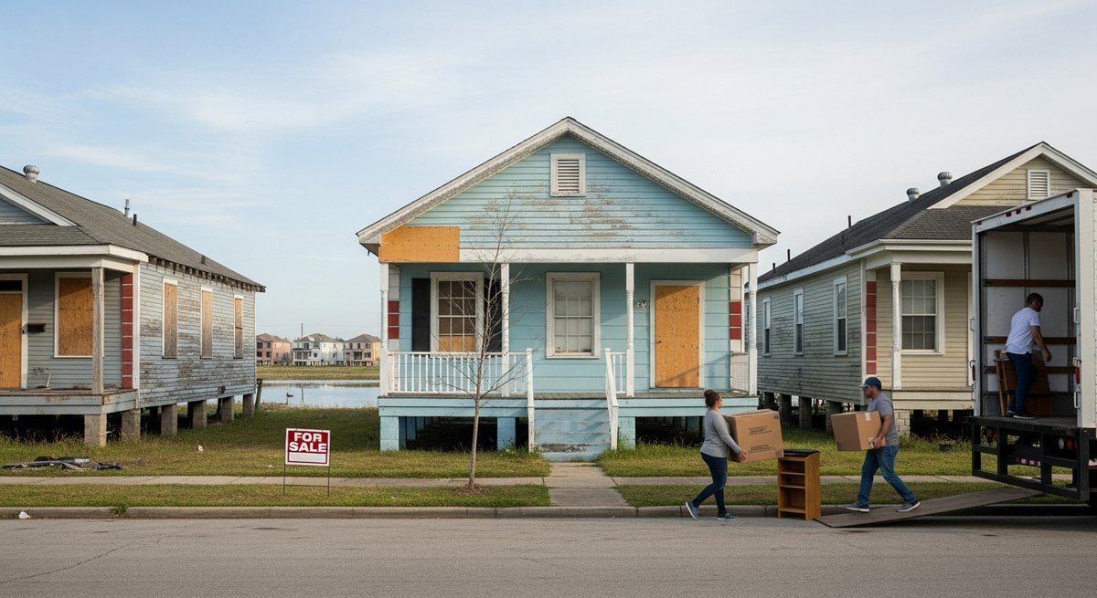 Family moving out of flood-prone New Orleans neighborhood with abandoned houses and vacant lots stretching behind them
