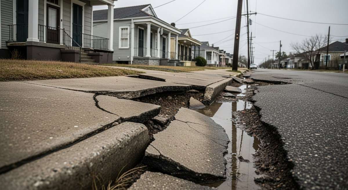 Cracked sunken sidewalk and tilting utility poles in a New Orleans neighborhood illustrating land subsidence