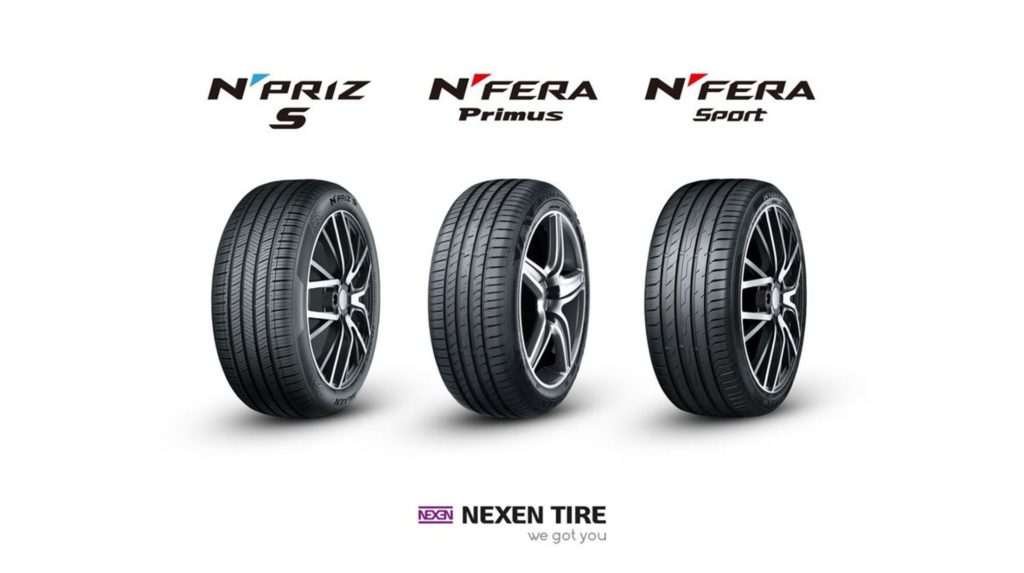 Three Nexen tires arranged in series for a promo pic, with the names written above them and the company logo at the top. All on a white background.