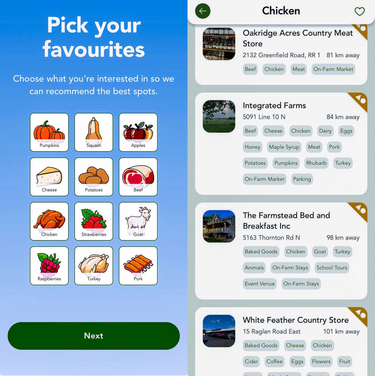 The ON Farm Fun app's "Pick your favourites" screen, showing icons for products like pumpkins, apples, cheese and beef, alongside a list view of nearby farms with their offerings. Photo: ON Farm Fun app