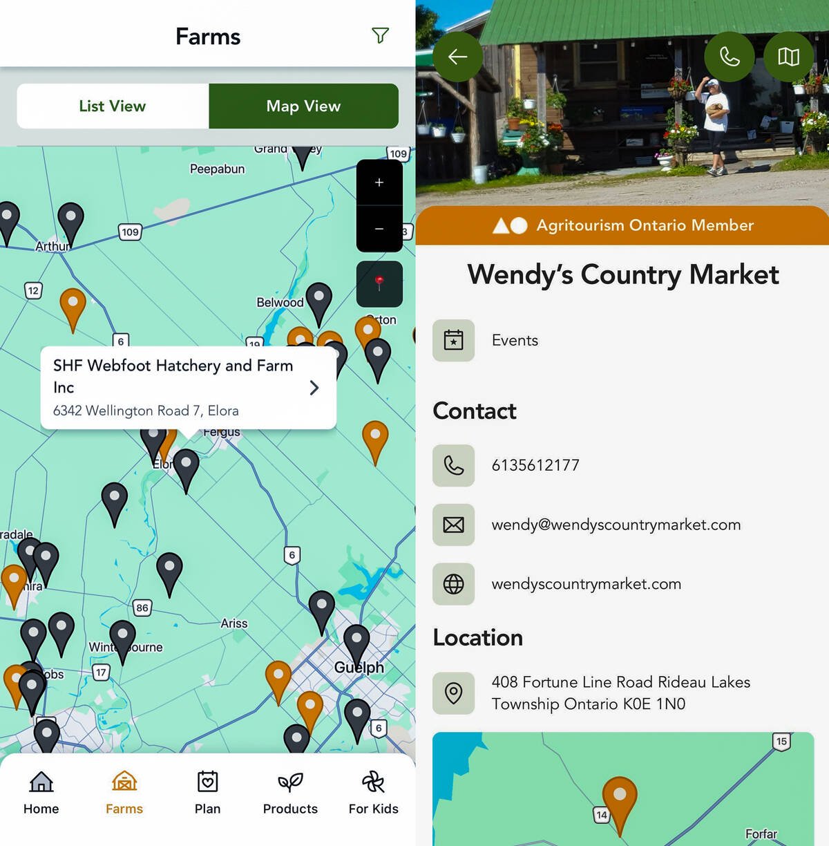 Two screens from the ON Farm Fun app: a map of southern Ontario with farm location pins, and a detail page for Wendy's Country Market showing contact information and location. Photo: ON Farm Fun app