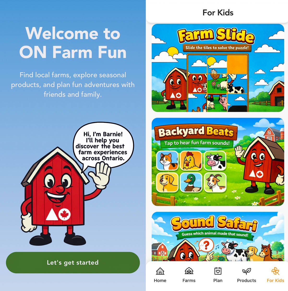 The ON Farm Fun app welcome screen featuring Barnie, a cartoon barn mascot waving and introducing the app, alongside a "For Kids" screen showing in-app games. Photo: ON Farm Fun app