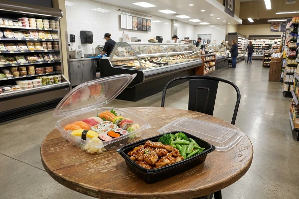 food containers filled on table by deli counter