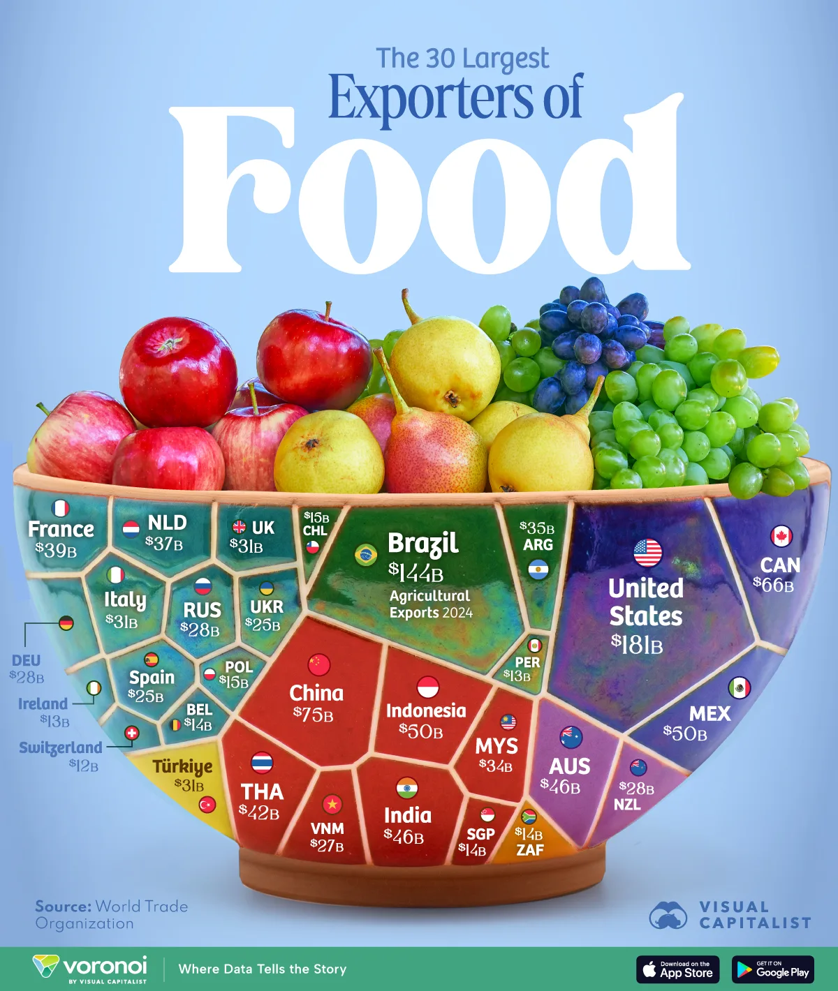 Voronoi graphic showing the world's 30 largest exporters of food by country.
