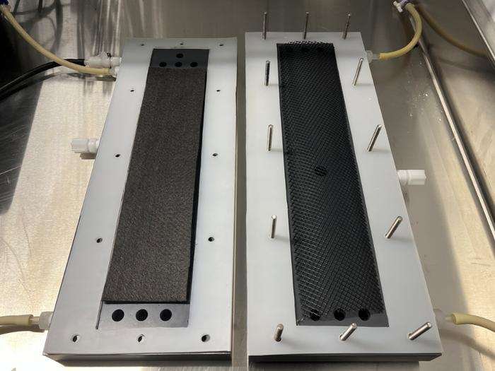 Two long rectangular reactor components mounted side-by-side in a laboratory setup, with tubing and connection ports visible around the edges.