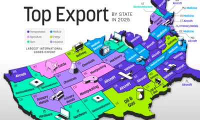 Map showing the top goods export by U.S. state in 2025.