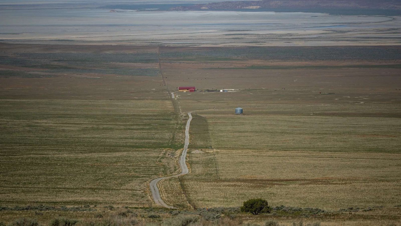 A picture of Hansel Valley in Utah, with the Great Salt Lake in the background.