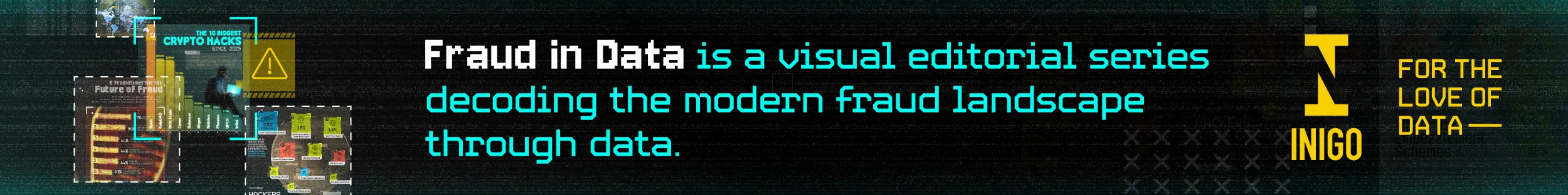A banner showing a collage of a few charts along with the text "Fraud in Data is a visual editorial series decoding the modern fraud landscape through data