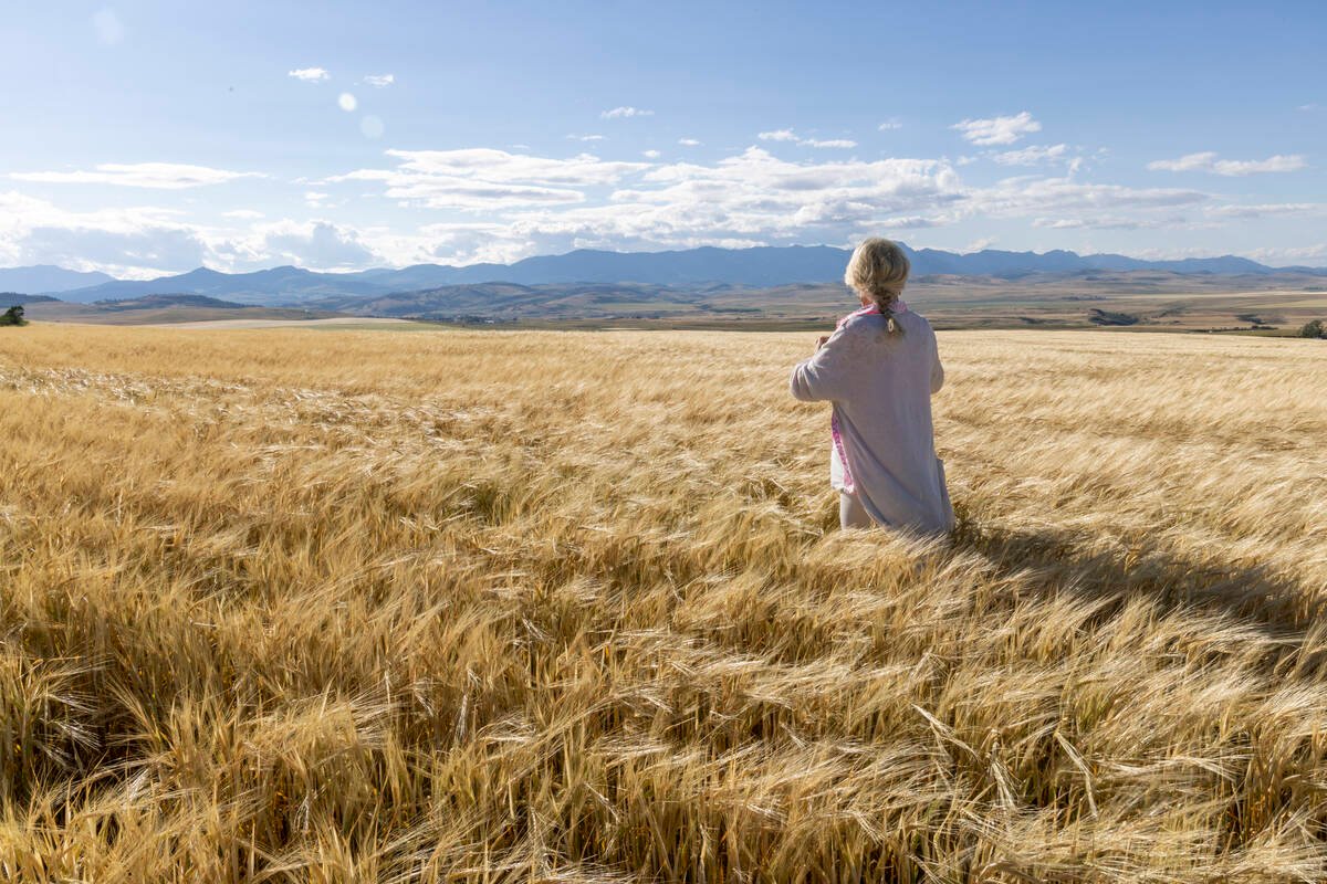 Mature woman uses mobile phone in grain field, mountains distant, Cowley, Alberta