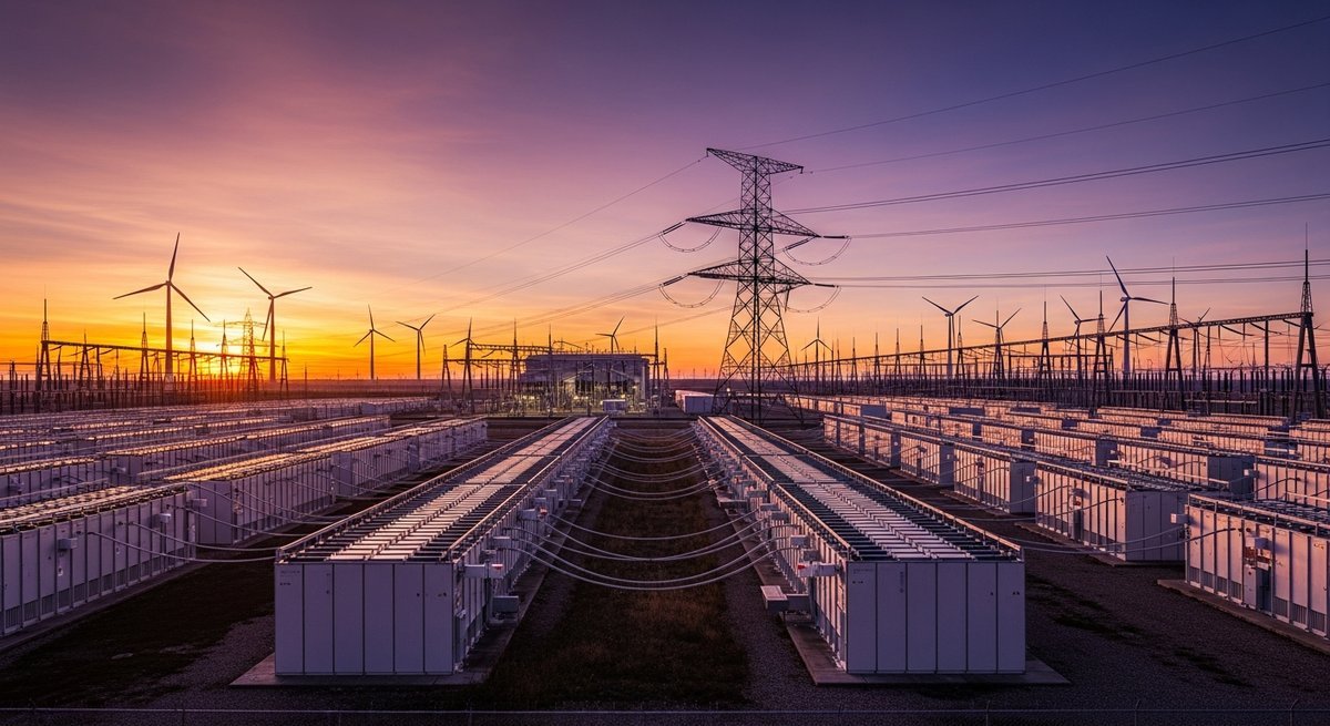 Utility-scale battery energy storage containers at dusk beside wind turbines and a power transmission tower