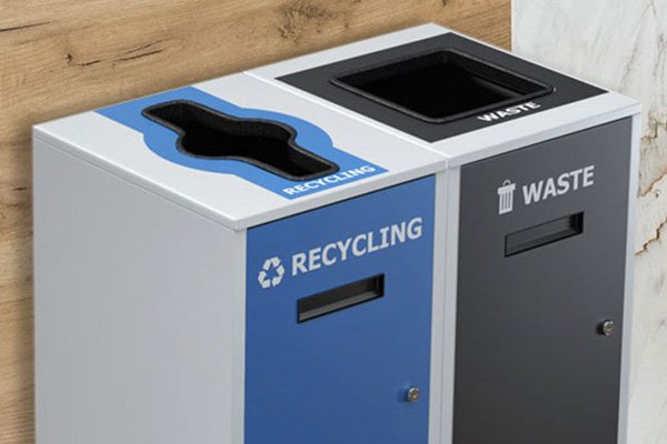 A trash and recycling bin
