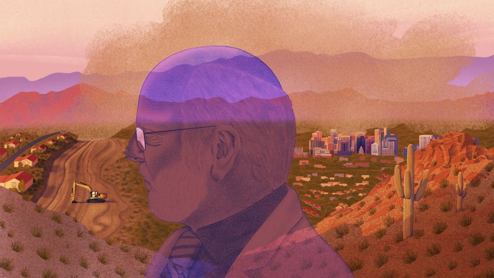An illustration of the Phoenix landscape with dust and a translucent doctor in the foreground