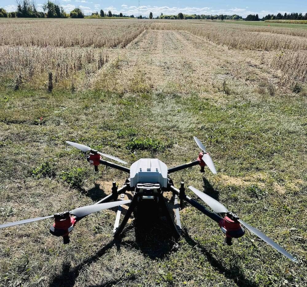 Researchers have discovered that the flight pattern and speed of a drone can influence how evenly seed is broadcast. Photo: Submitted
