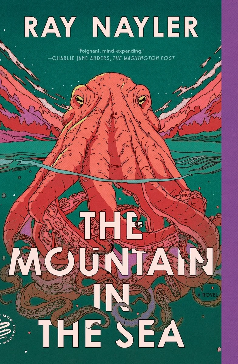 The book cover for "The Mountain in the Sea" by Ray Nayler features a large red octopus emerging from the water against a teal background.