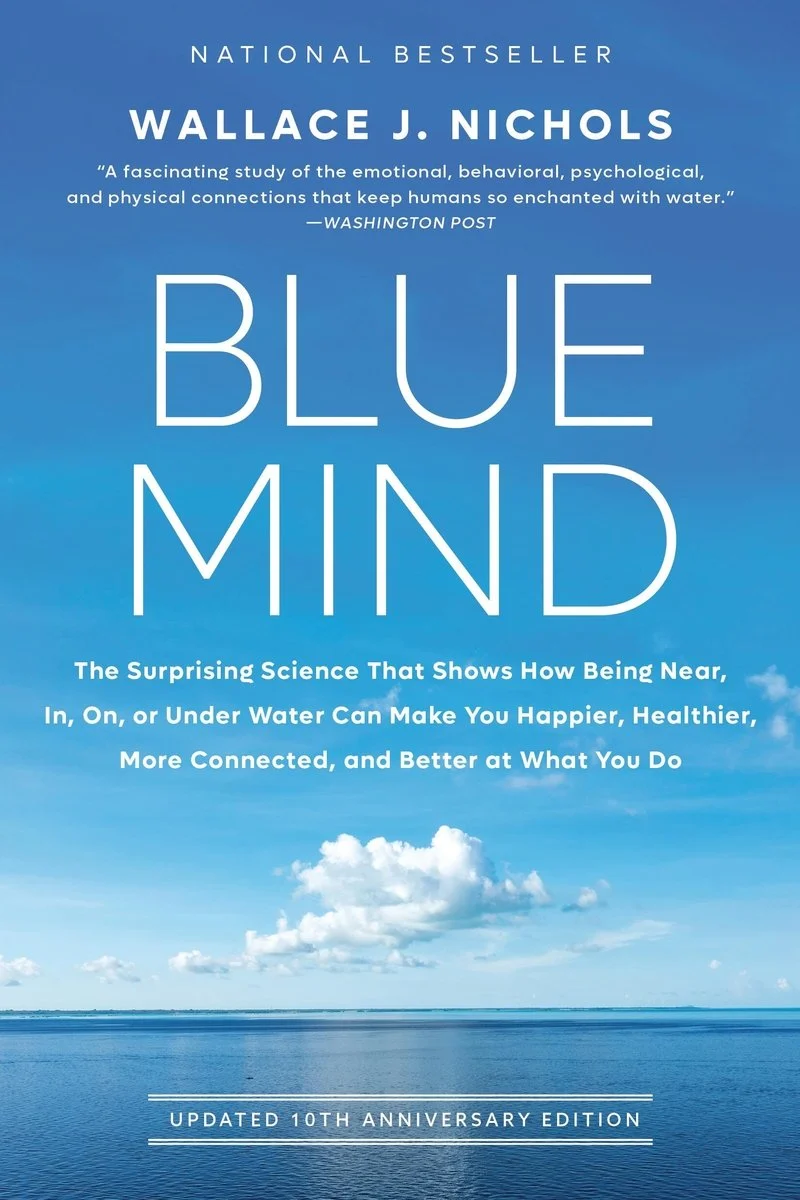 Book cover of "Blue Mind" by Wallace J. Nichols, featuring a calm blue ocean under a clear sky, with subtitle text about the benefits of being near, in, or on water.