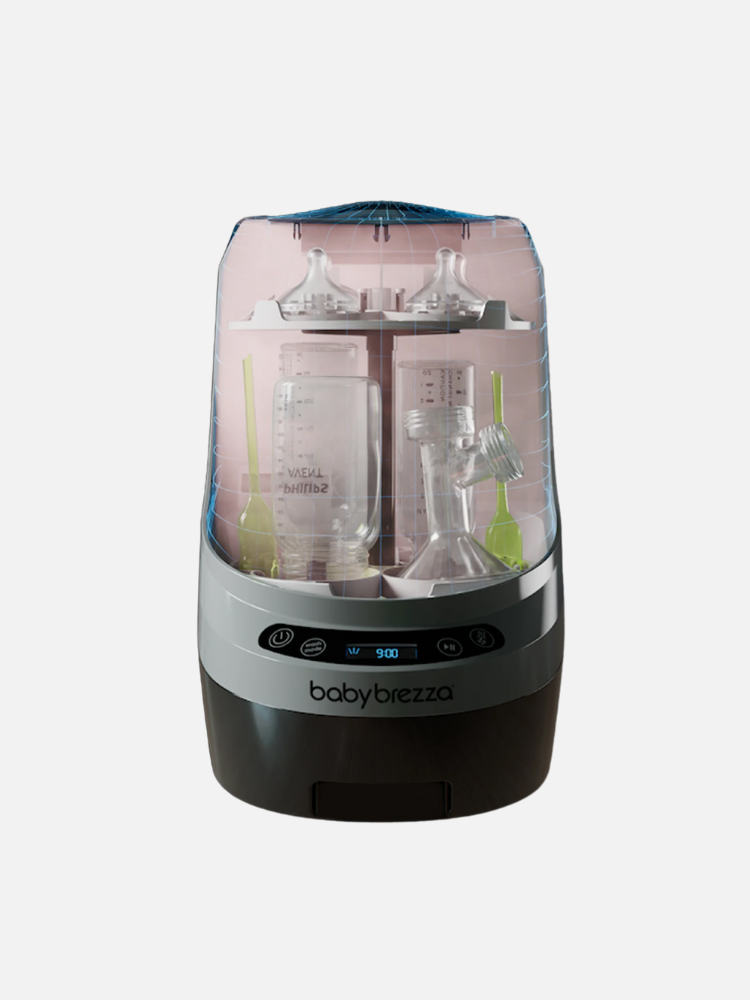 A Baby Brezza sterilizer with multiple baby bottles, lids, and brushes arranged inside, shown from the front on a white background.