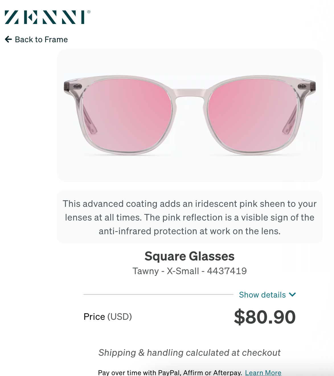 A pair of Zenni Square Glasses in X-Small with transparent frames and pink-tinted lenses, priced at $80.90.