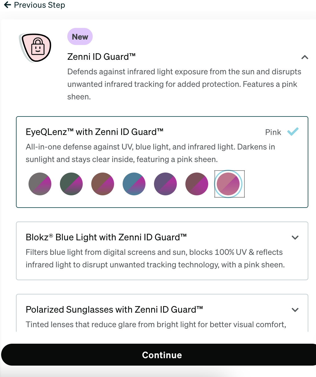 Screenshot of a selection menu showing four Zenni eyewear options, each with features to protect against blue light or infrared, and descriptions of their protective qualities. Continue button at bottom.