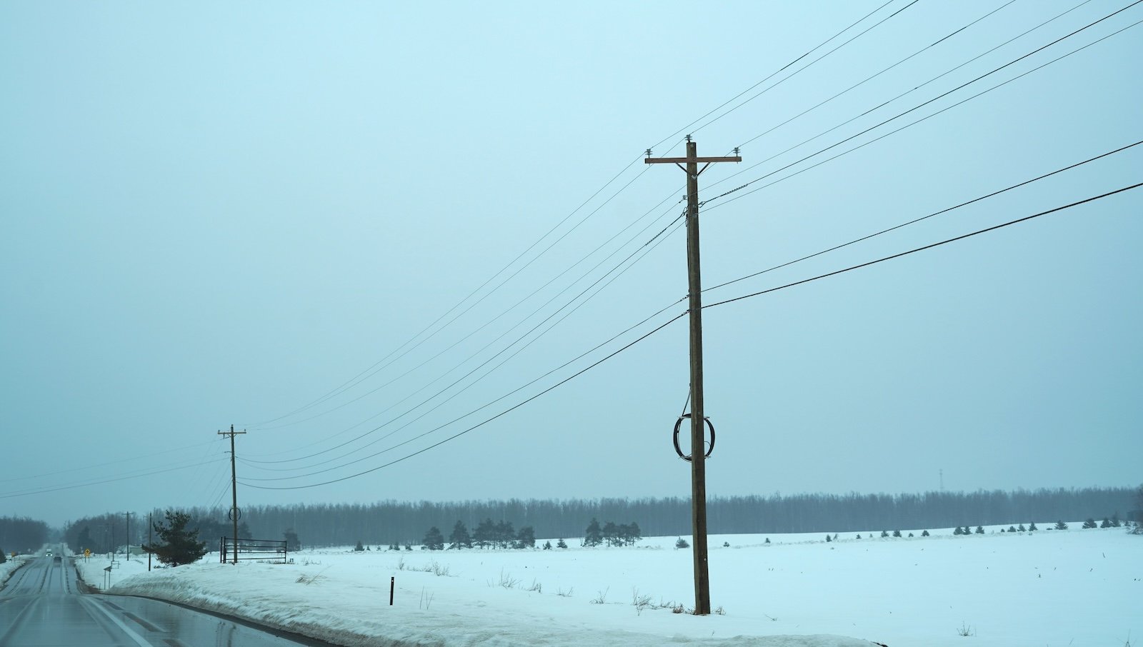 Intact poles and wires along a Michigan highway.