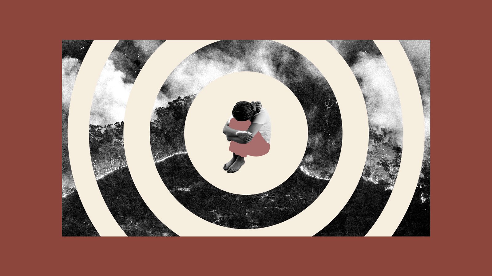 Collage of wildfire imagery closing in on an anxious person hugging their knees