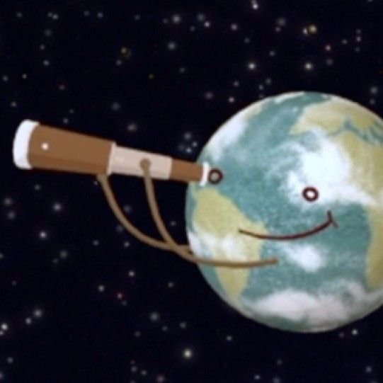We see a planet with a drawn-on simple smily face and stick-arms holding an old-fashioned spyglass up to its dot of a right eye. The planet's surface has blue and green patches that make it look like Earth.