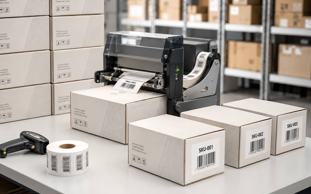 Bulk-printing uniform outer boxes to reduce packaging costs compared with custom printed boxes for each item variation