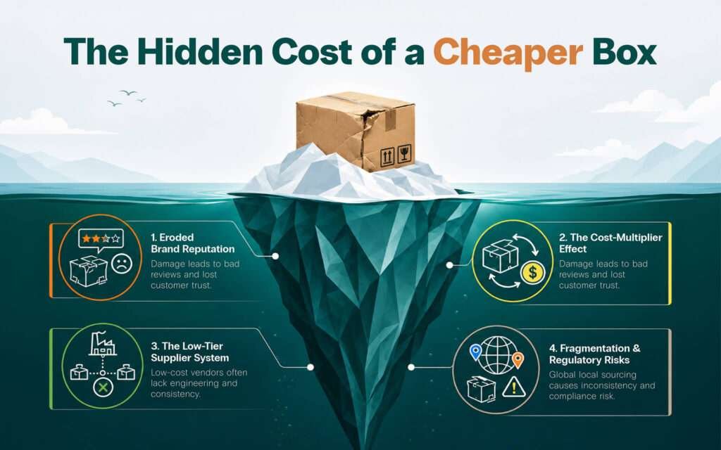 Infographic showing the hidden costs of cheaper boxes, including quality issues, increased costs, supplier risks, and regulatory challenges