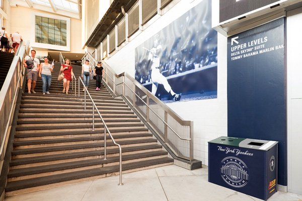 A Yankees branded bin in a stadium